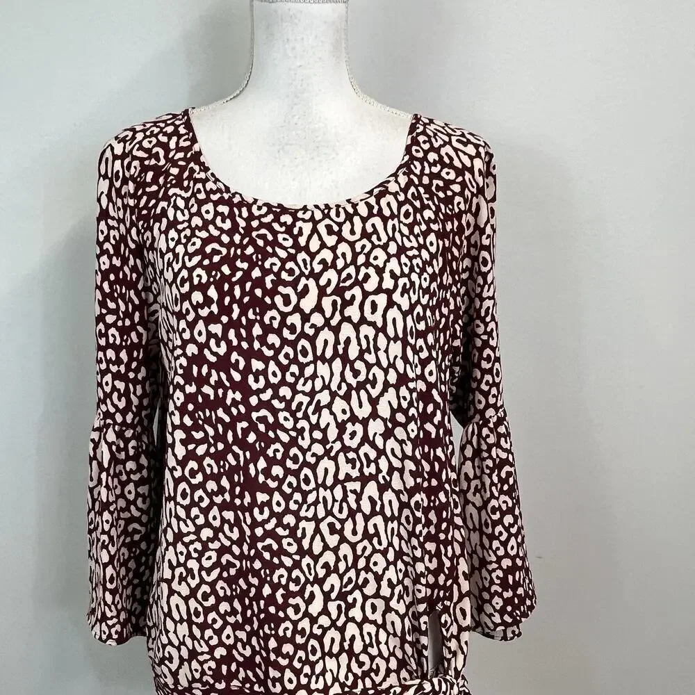 Michael Kors Blouse Tunic size Medium Burgundy Tan Leopard Lagenlook Peasant